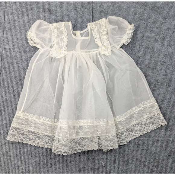 Vintage Baby Chiffon Dress Girls 0-6M Peasant Prairie Victorian Baptism Lace - Picture 1 of 5